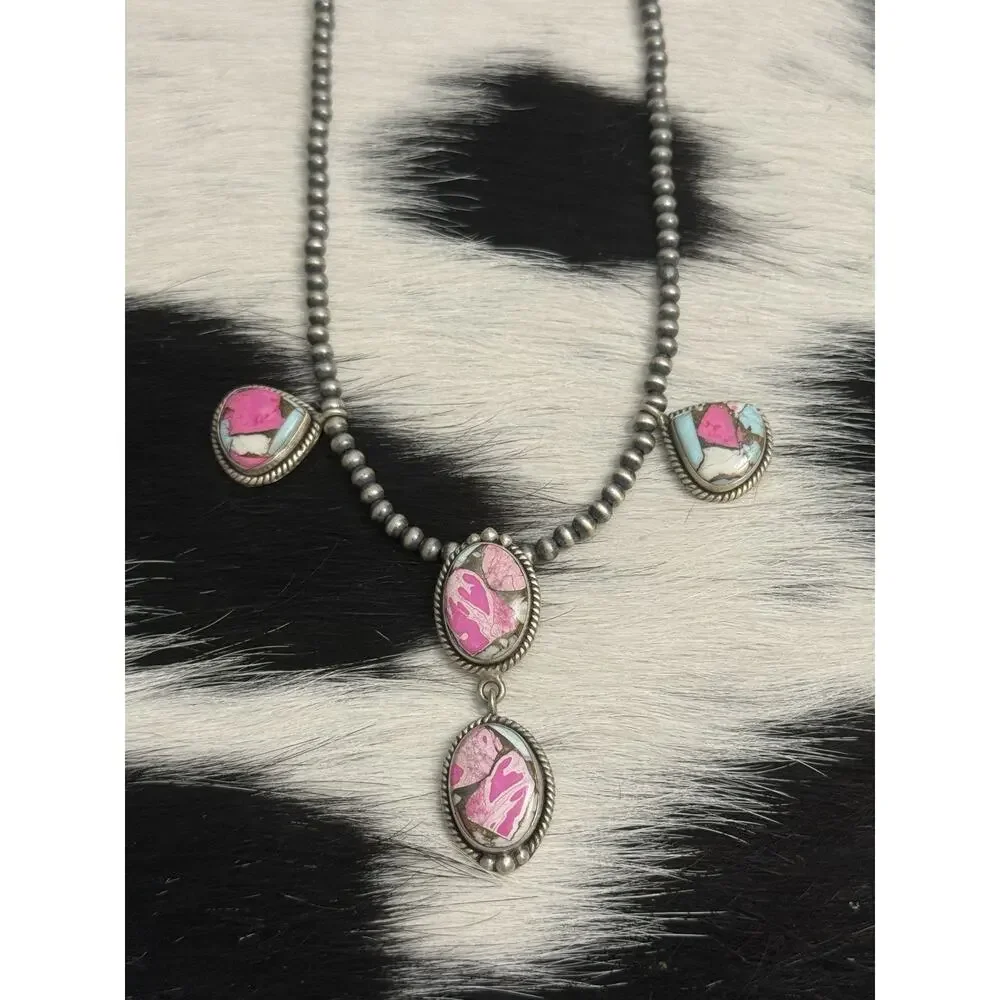 Native American 4mm Navajo Pearl Sterling Silver Cotton Candy Turquoise Necklace